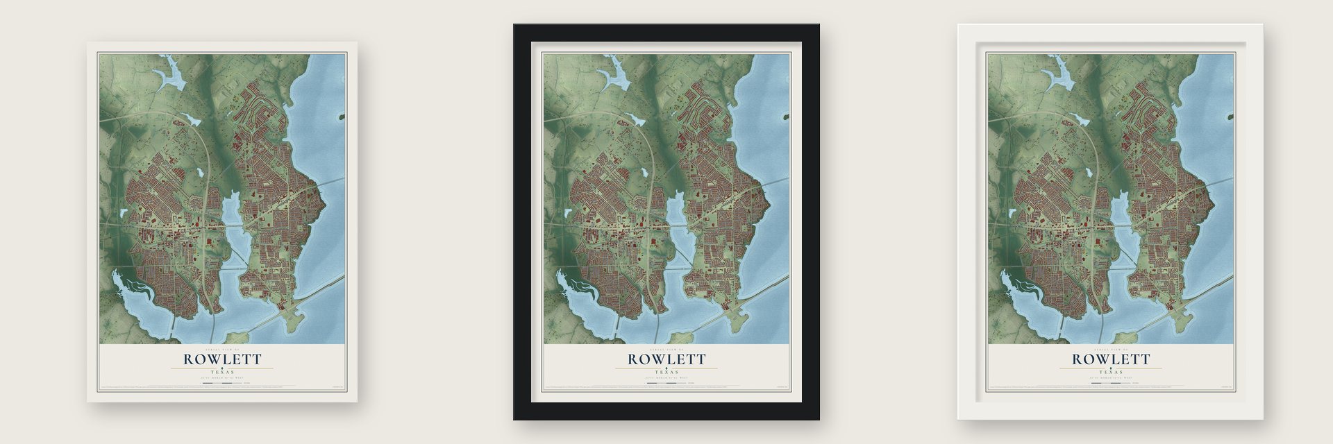 Rowlett, Texas map unframed, in a black wood frame and in a white wood frame