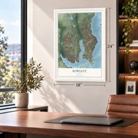 Rowlett, Texas map, 18 x 24 inch print in a white frame in a home office