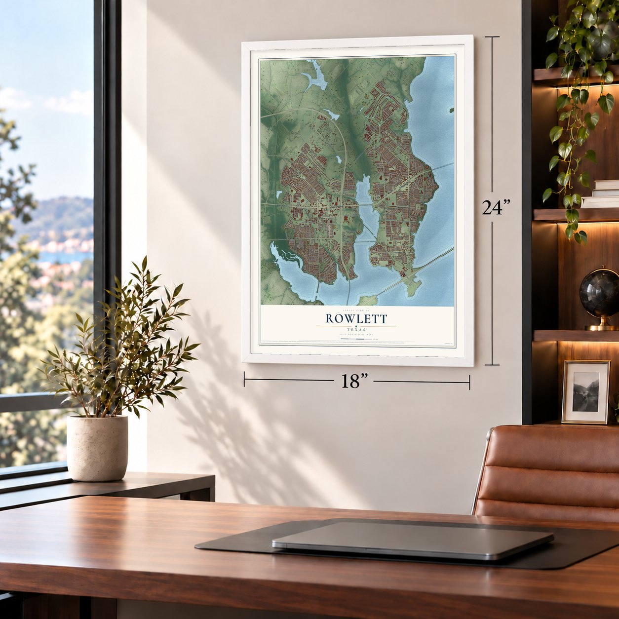 Rowlett, Texas map, 18 x 24 inch print in a white frame in a home office