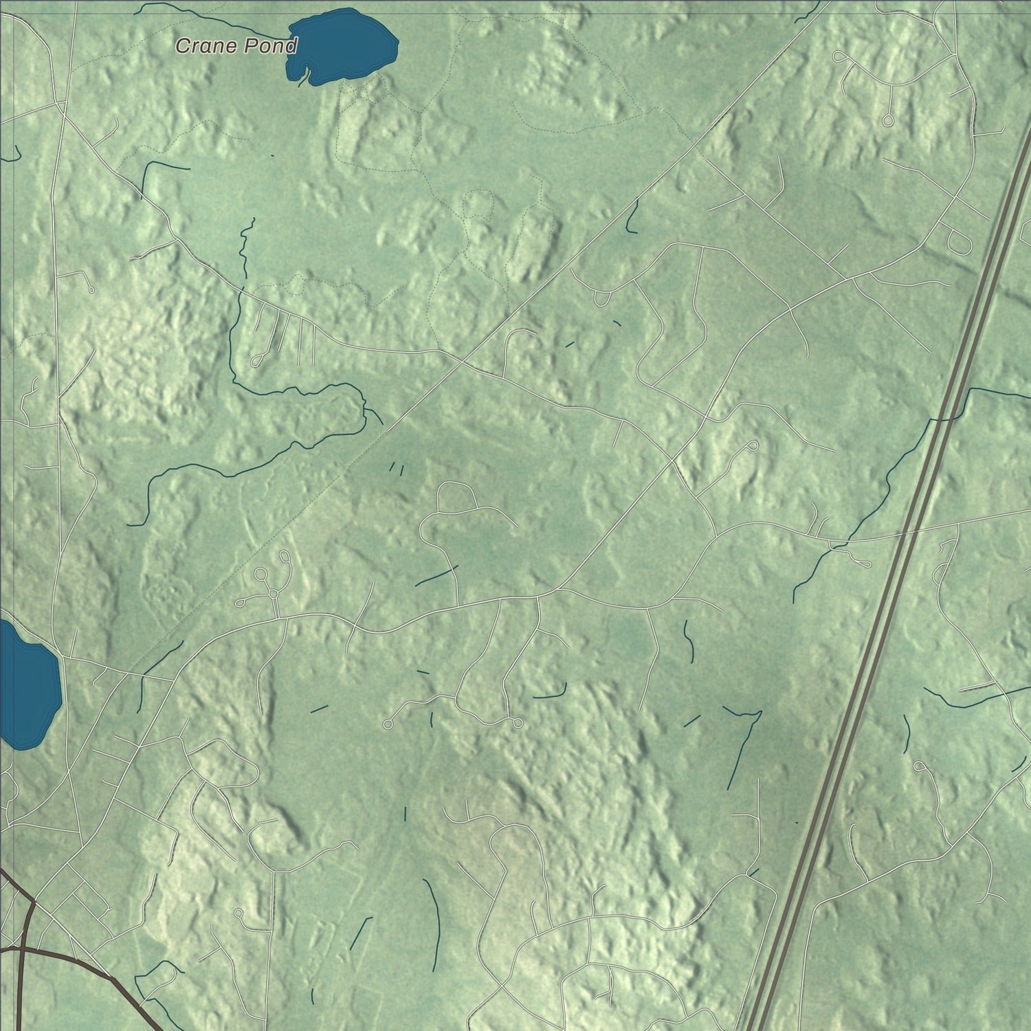 Close-up of the map of Rowley, Massachusetts print showing terrain and local geography