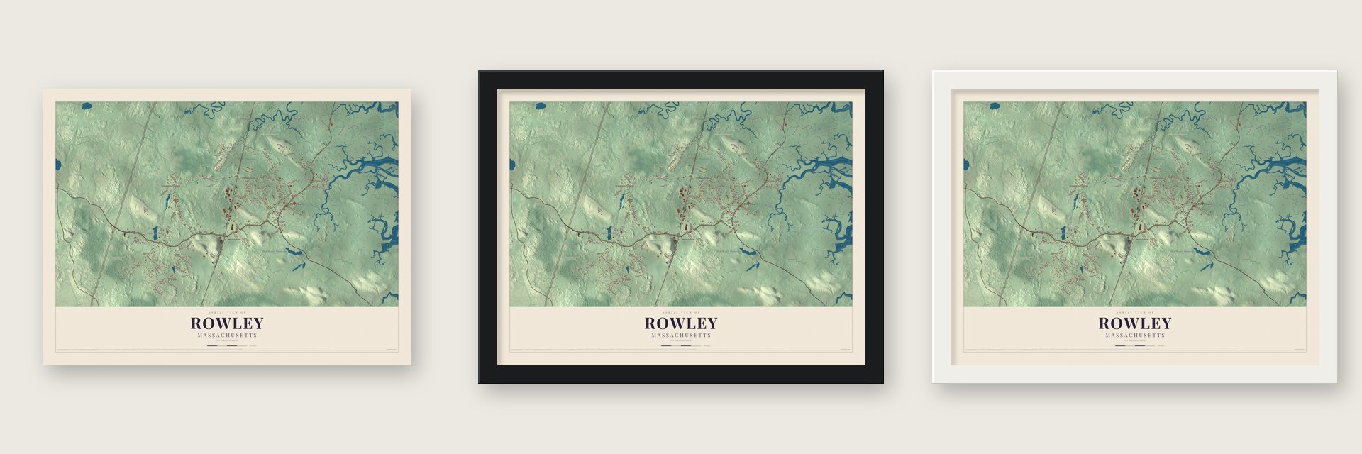 Rowley, Massachusetts map unframed, in a black wood frame and in a white wood frame