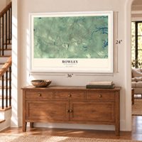 Rowley, Massachusetts map, 24 x 36 inch print in a white frame above a dresser by a staircase