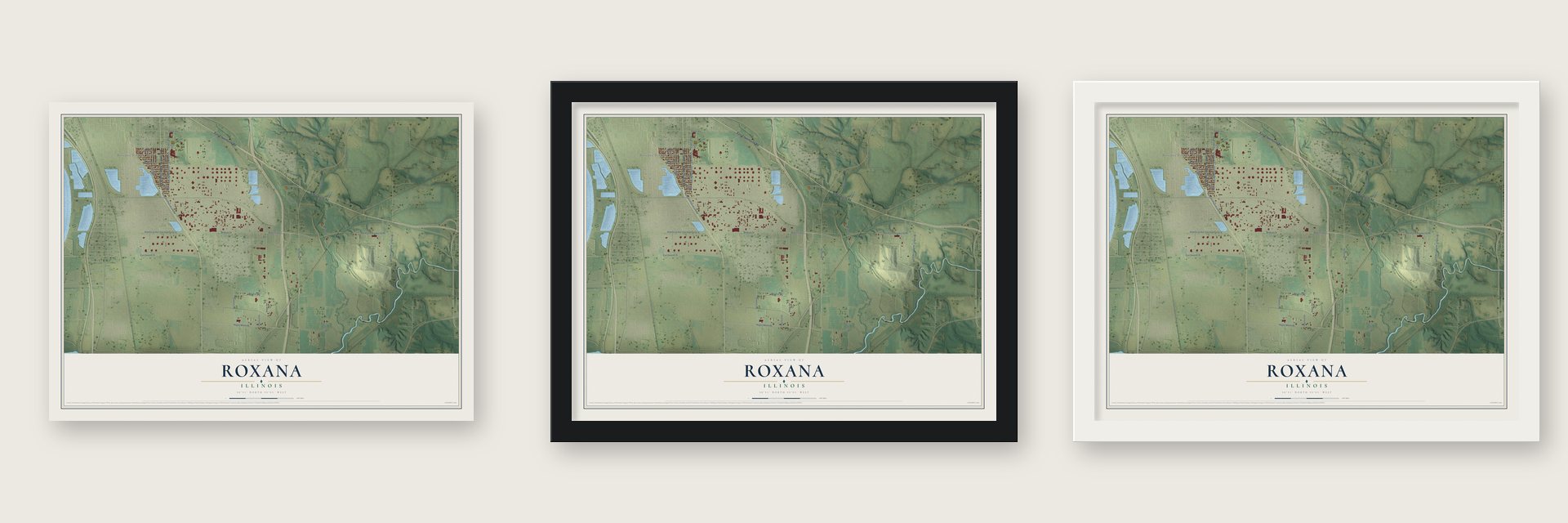 Roxana, Illinois map unframed, in a black wood frame and in a white wood frame