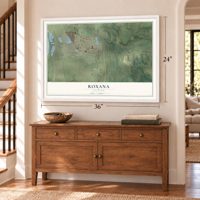 Roxana, Illinois map, 24 x 36 inch print in a white frame above a dresser by a staircase