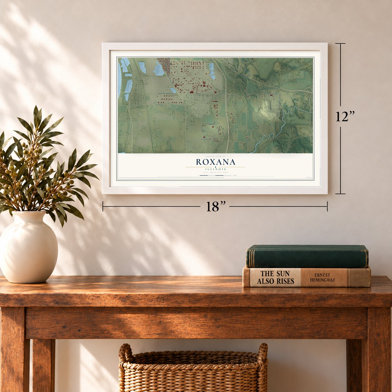 Roxana, Illinois map, 12 x 18 inch print in a white frame in an entryway