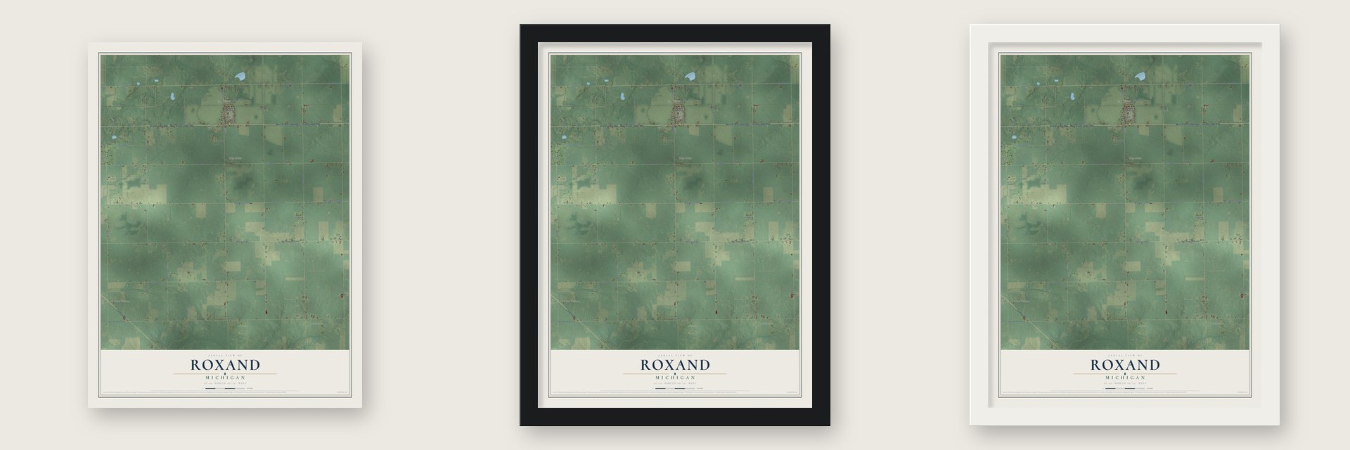 Roxand, Michigan map unframed, in a black wood frame and in a white wood frame