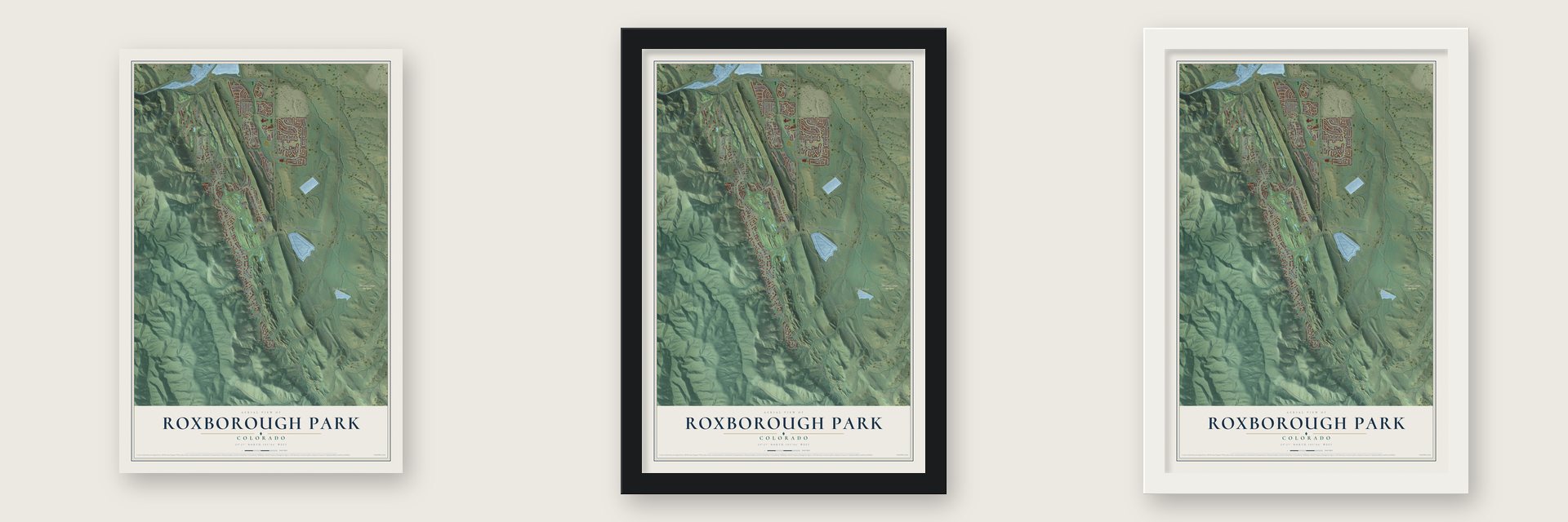 Roxborough Park, Colorado map unframed, in a black wood frame and in a white wood frame
