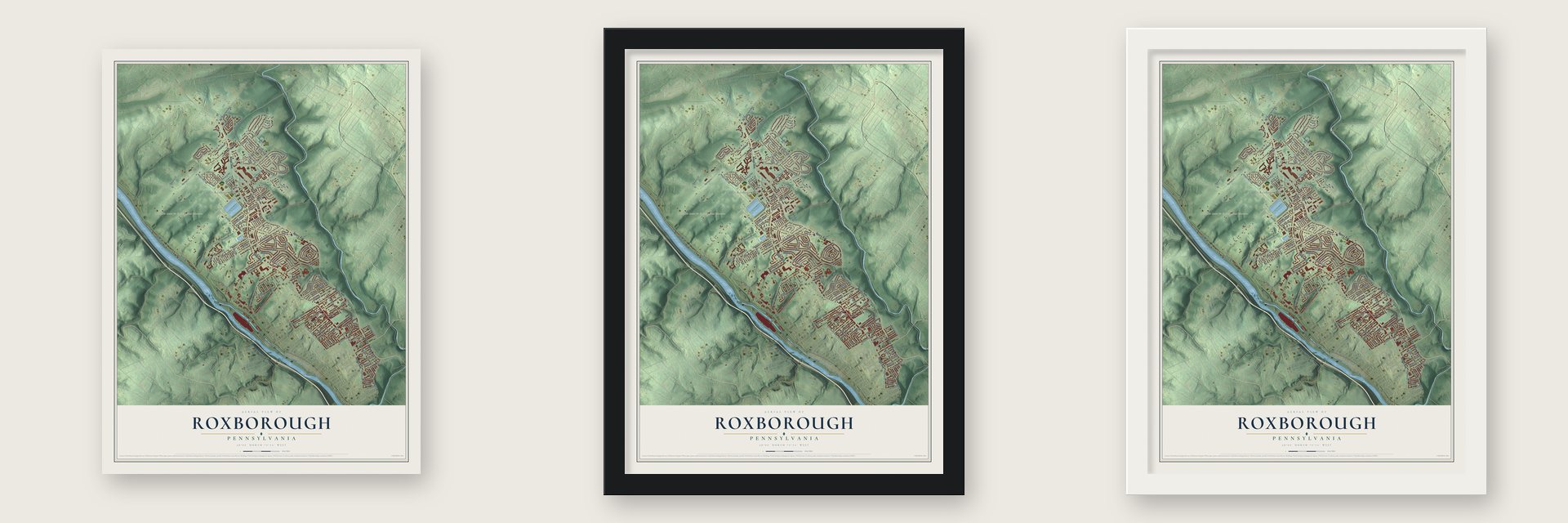 Roxborough, Pennsylvania map unframed, in a black wood frame and in a white wood frame