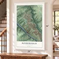 Roxborough, Pennsylvania map, 24 x 36 inch print in a white frame by a staircase