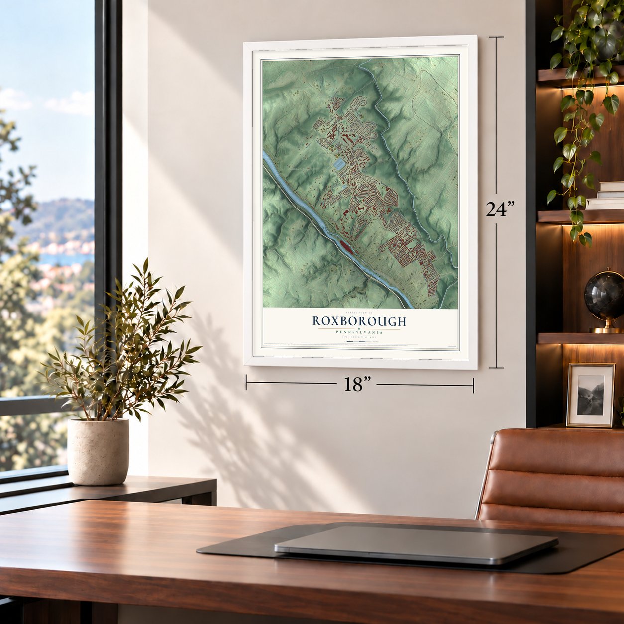 Roxborough, Pennsylvania map, 18 x 24 inch print in a white frame in a home office