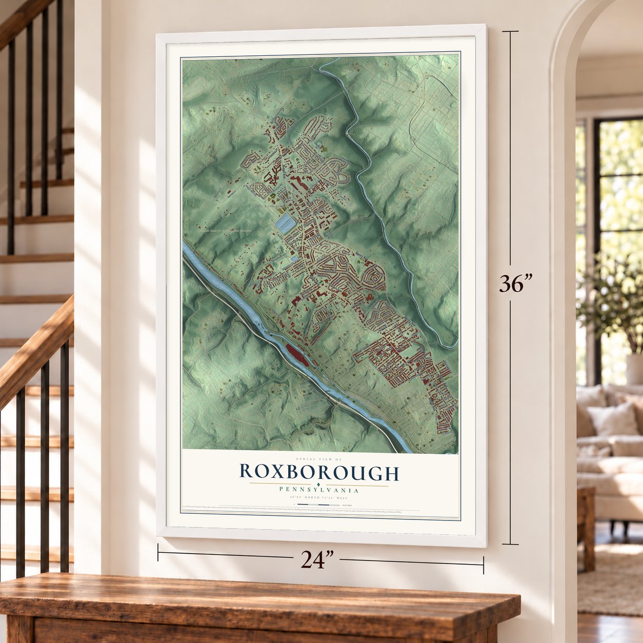 Roxborough, Pennsylvania map, 24 x 36 inch print in a white frame by a staircase