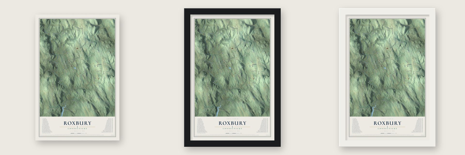 Roxbury, Connecticut map unframed, in a black wood frame and in a white wood frame