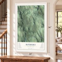 Roxbury, Connecticut map, 24 x 36 inch print in a white frame by a staircase