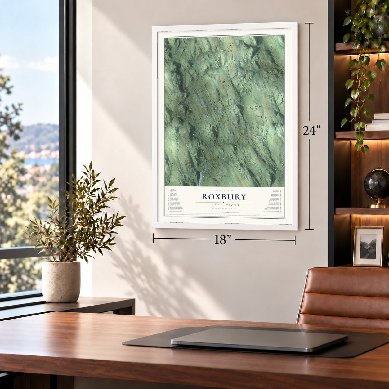 Roxbury, Connecticut map, 18 x 24 inch print in a white frame in a home office