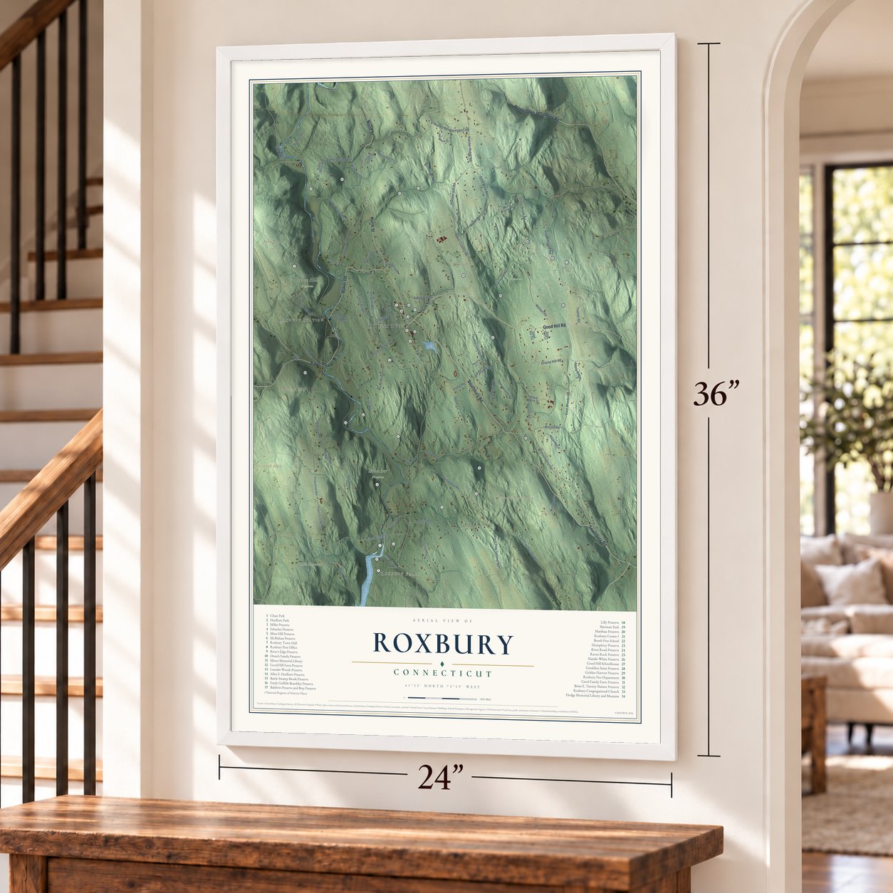 Roxbury, Connecticut map, 24 x 36 inch print in a white frame by a staircase