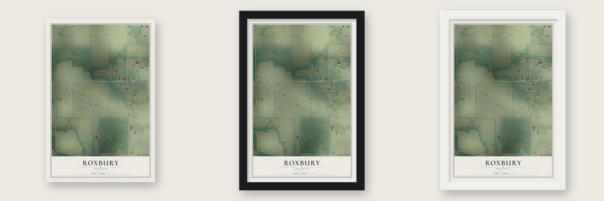 Roxbury, Kansas map unframed, in a black wood frame and in a white wood frame