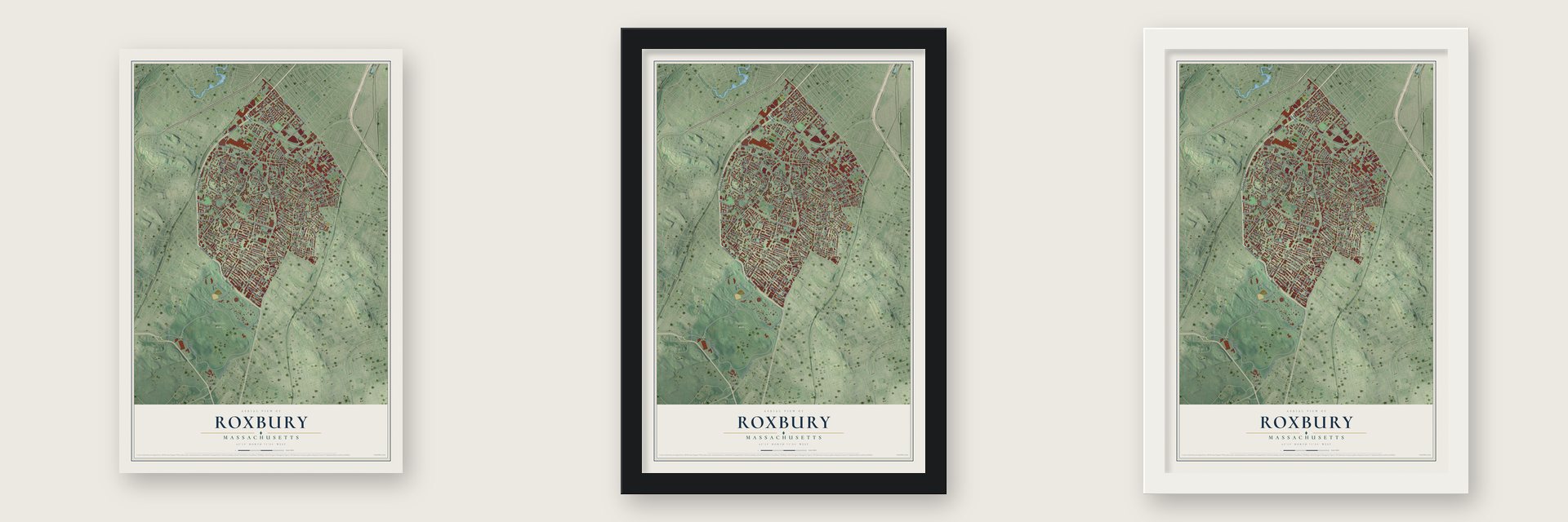 Roxbury, Massachusetts map unframed, in a black wood frame and in a white wood frame