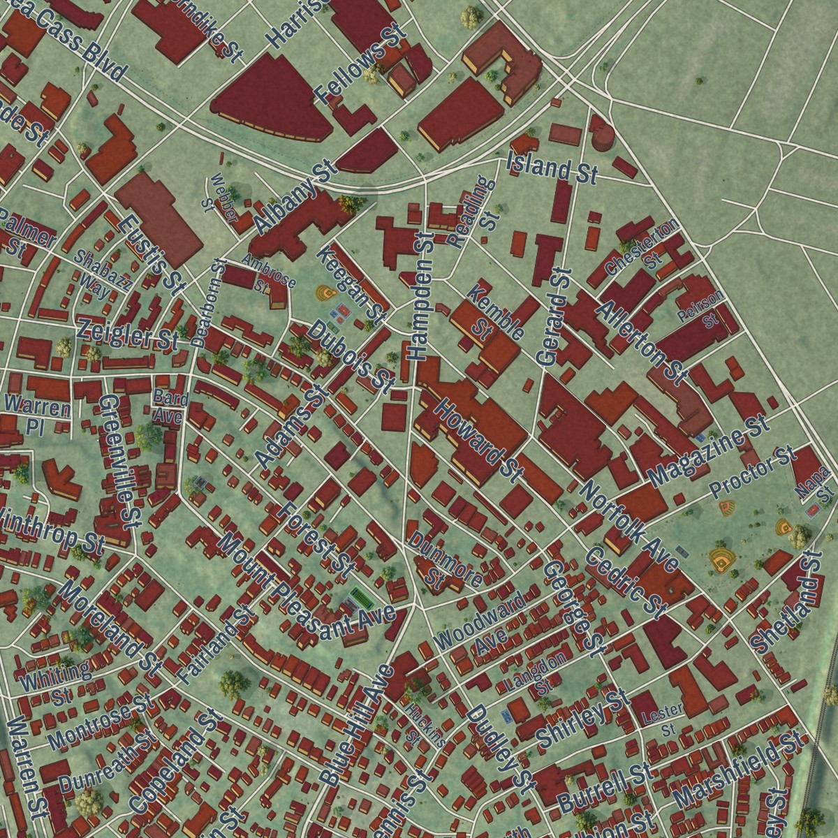 Second close-up of the map of Roxbury, Massachusetts print showing more streets and buildings