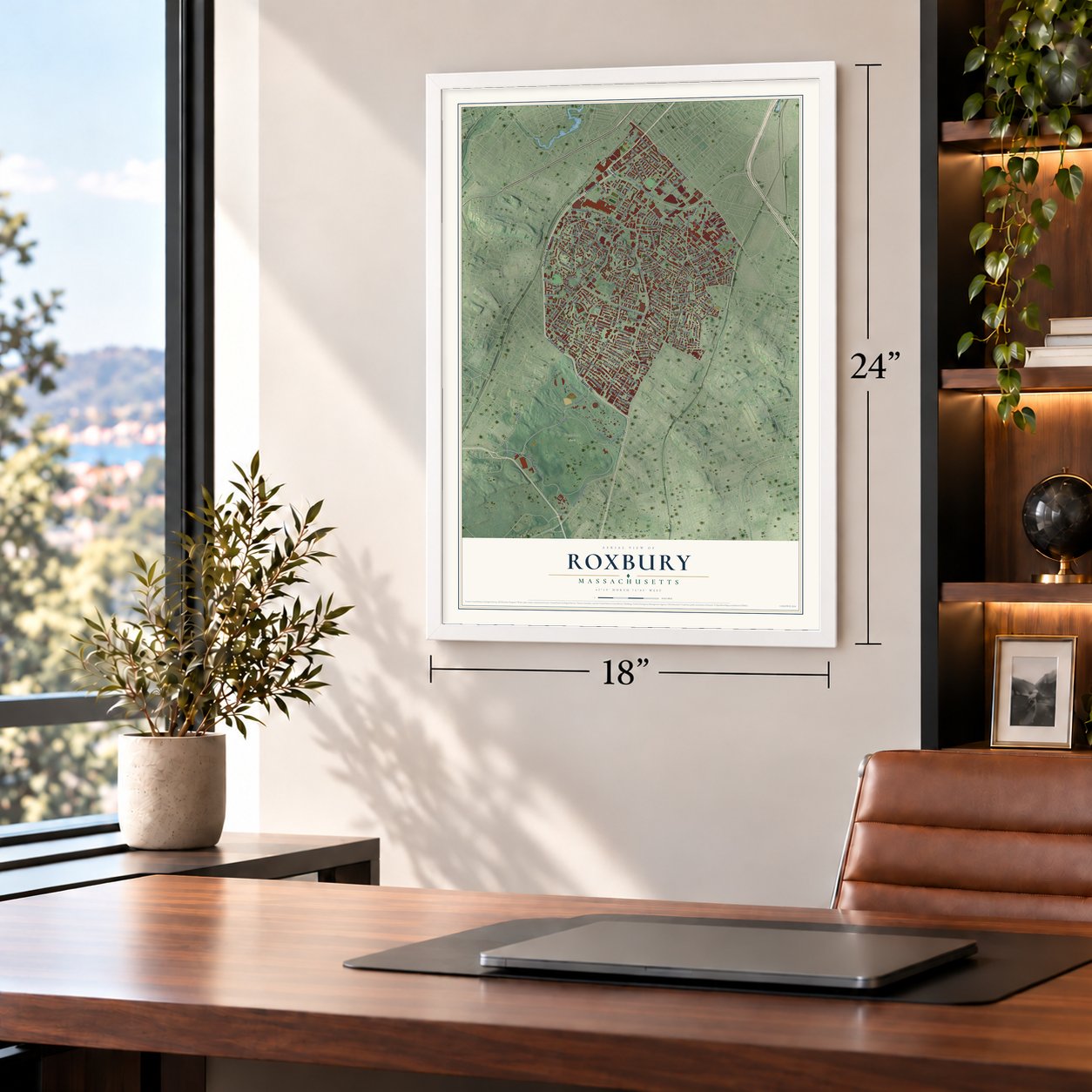 Roxbury, Massachusetts map, 18 x 24 inch print in a white frame in a home office