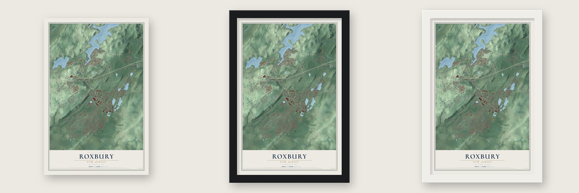 Roxbury, New Jersey map unframed, in a black wood frame and in a white wood frame