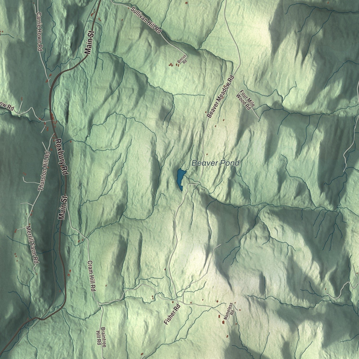 Close-up of the map of Roxbury, Vermont print showing terrain and local geography