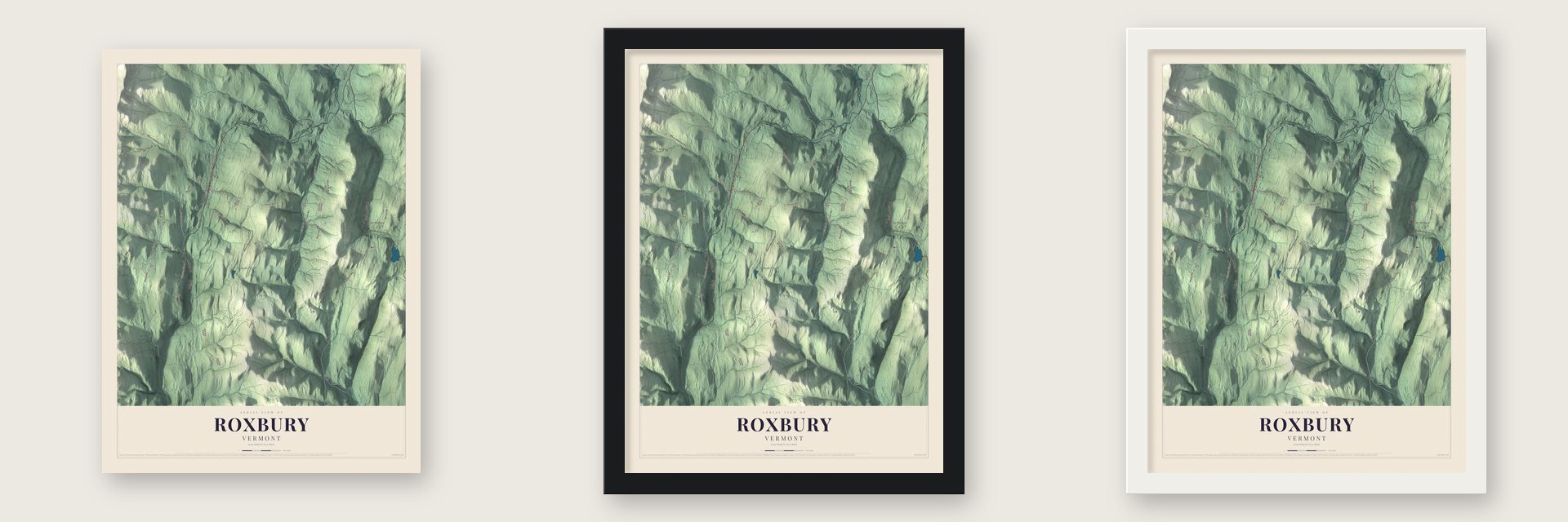 Roxbury, Vermont map unframed, in a black wood frame and in a white wood frame