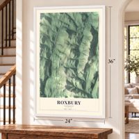 Roxbury, Vermont map, 24 x 36 inch print in a white frame by a staircase