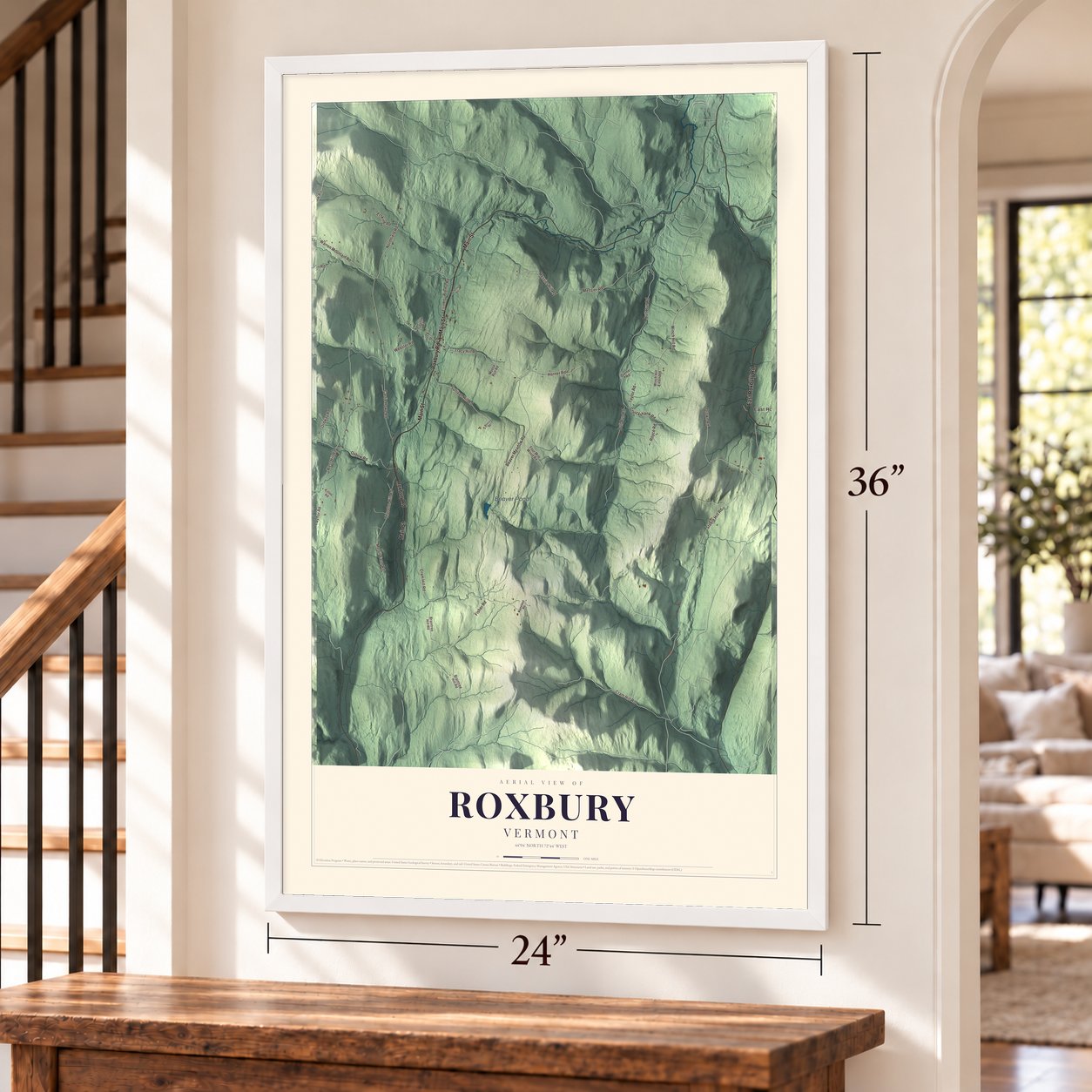 Roxbury, Vermont map, 24 x 36 inch print in a white frame by a staircase