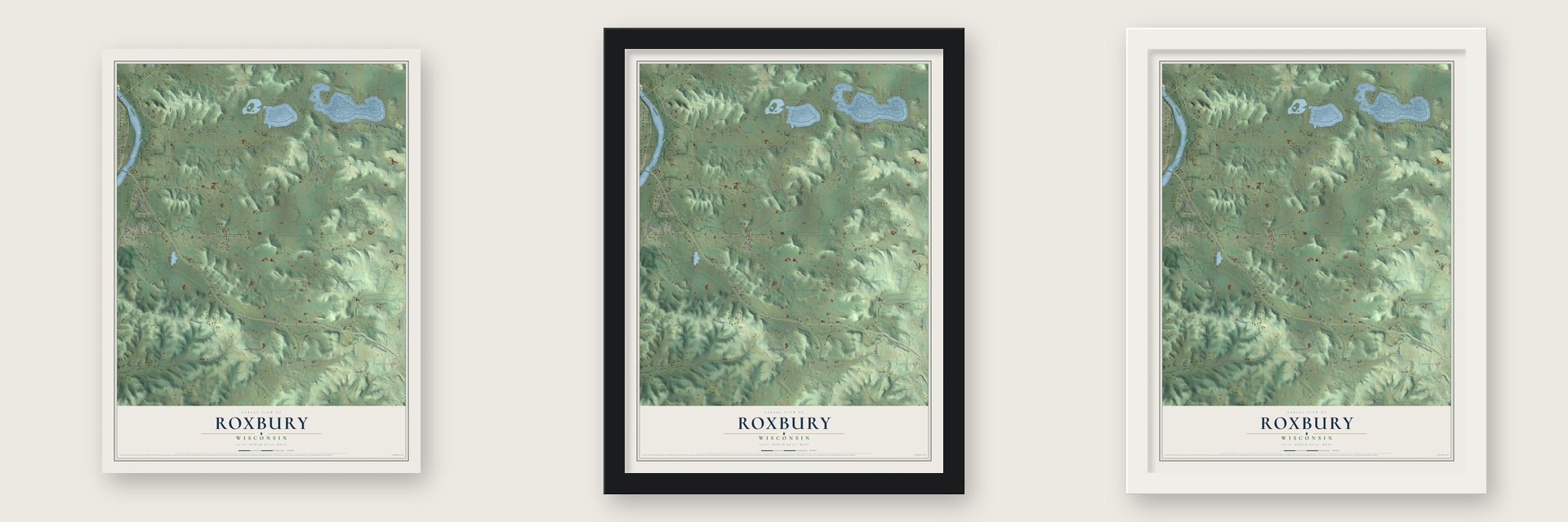 Roxbury, Wisconsin map unframed, in a black wood frame and in a white wood frame