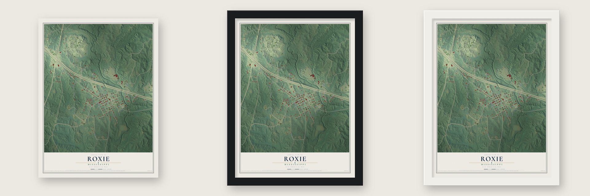 Roxie, Mississippi map unframed, in a black wood frame and in a white wood frame