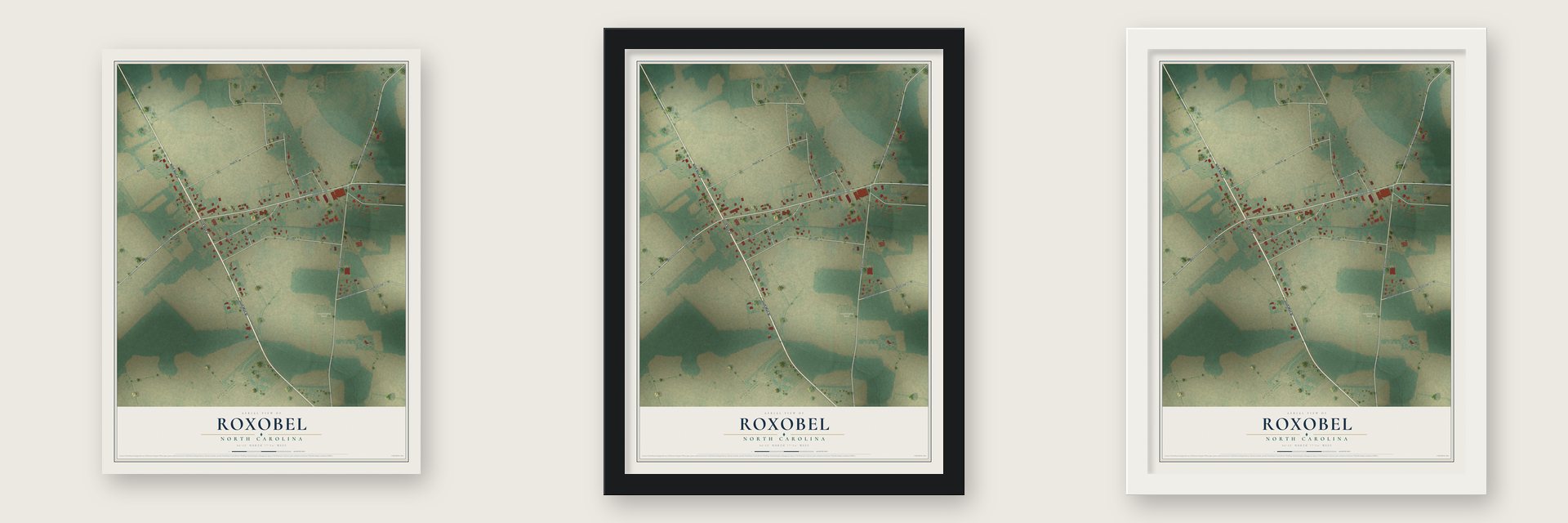 Roxobel, North Carolina map unframed, in a black wood frame and in a white wood frame