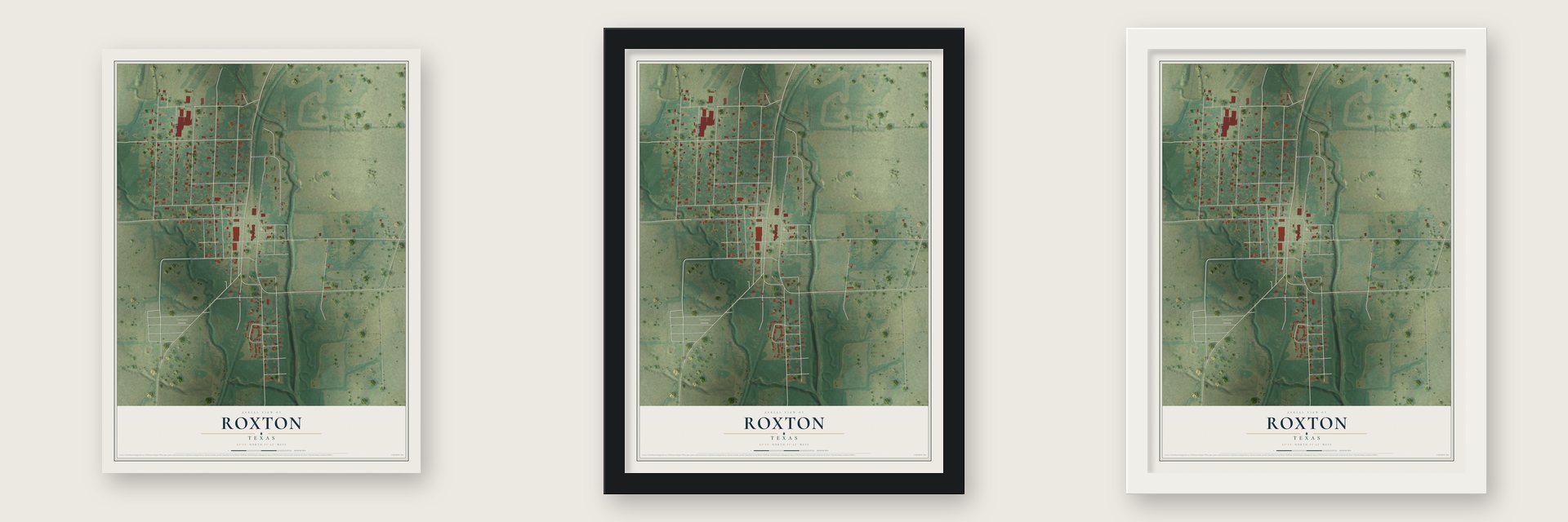 Roxton, Texas map unframed, in a black wood frame and in a white wood frame