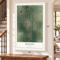 Roxton, Texas map, 24 x 36 inch print in a white frame by a staircase