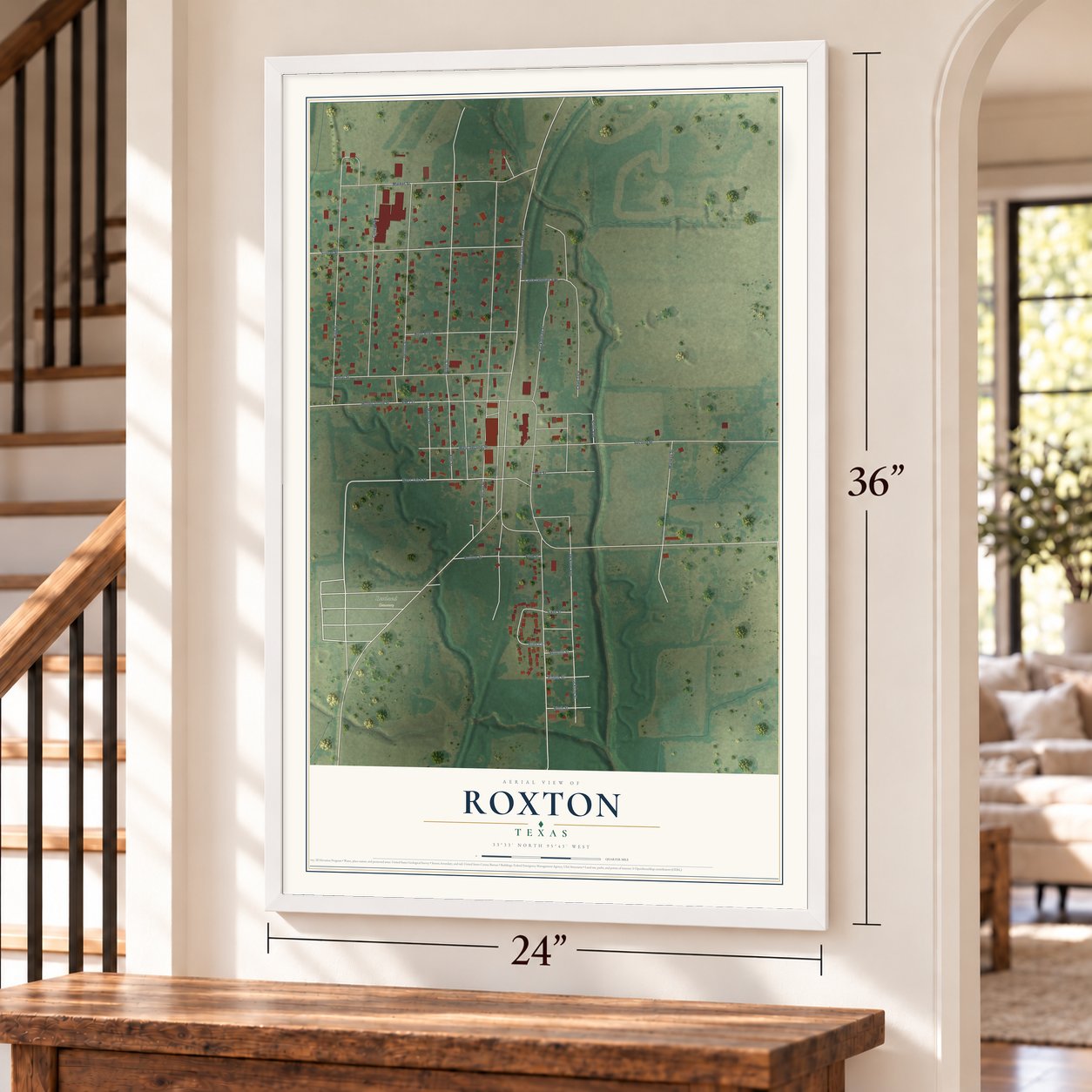Roxton, Texas map, 24 x 36 inch print in a white frame by a staircase