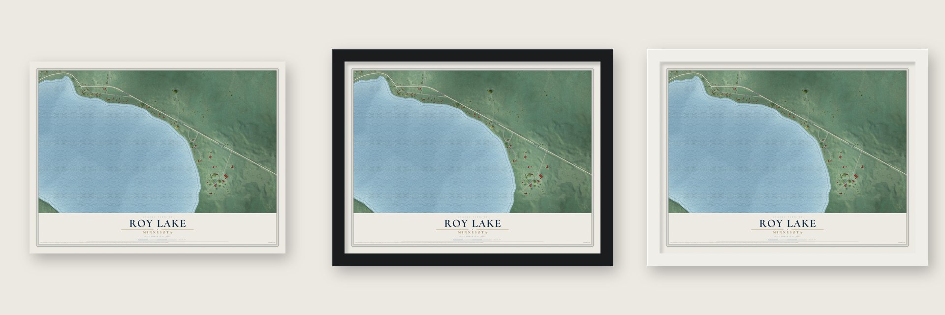 Roy Lake, Minnesota map unframed, in a black wood frame and in a white wood frame