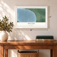Roy Lake, Minnesota map, 12 x 18 inch print in a white frame in an entryway