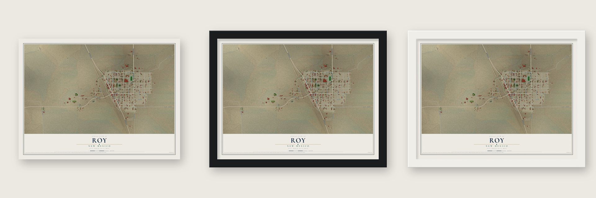 Roy, New Mexico map unframed, in a black wood frame and in a white wood frame