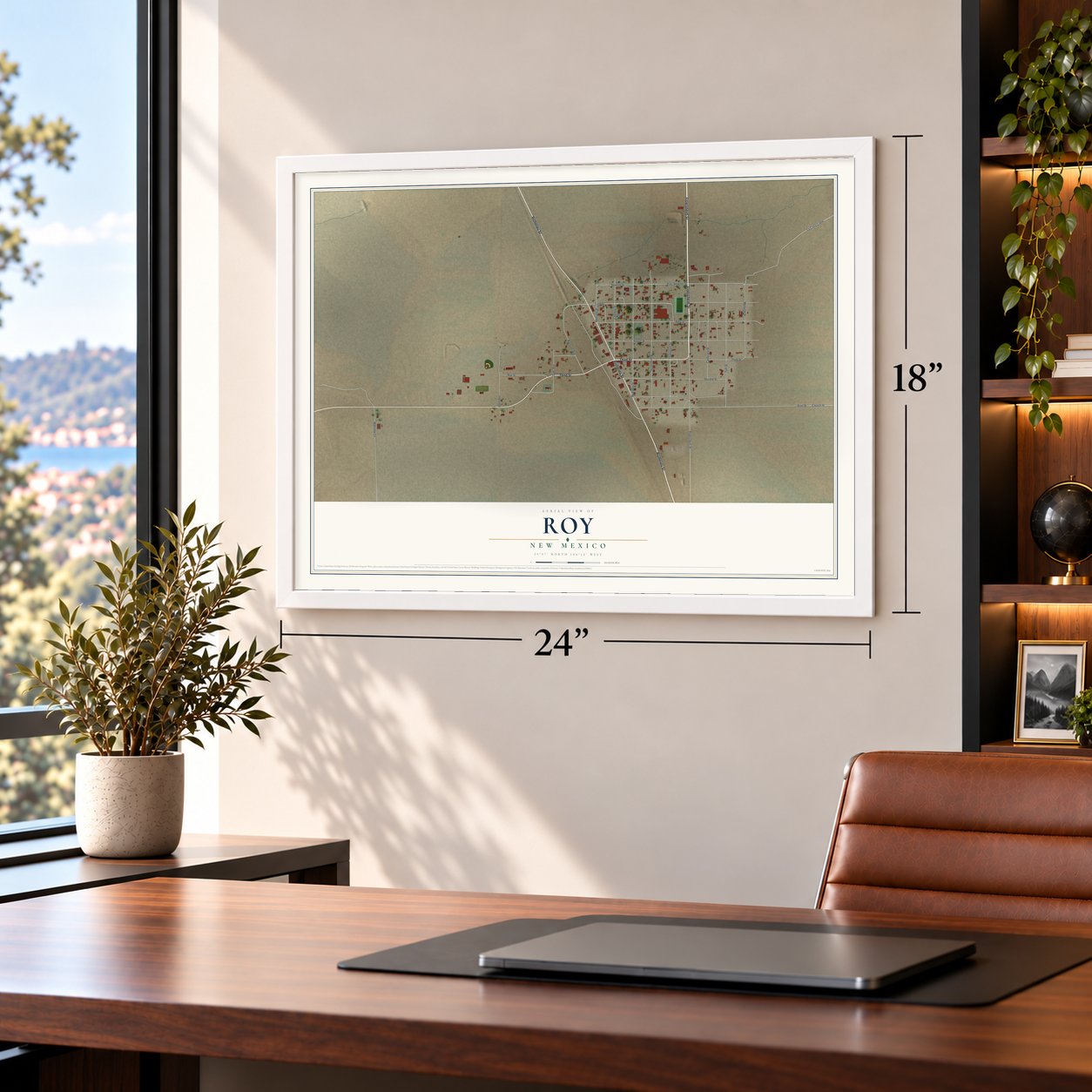 Roy, New Mexico map, 18 x 24 inch print in a white frame in a home office