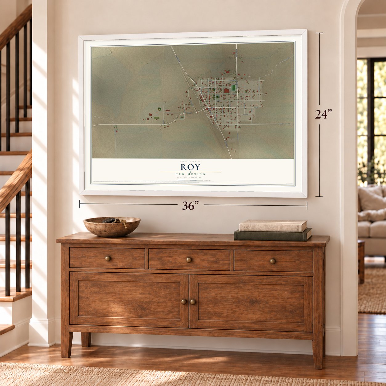 Roy, New Mexico map, 24 x 36 inch print in a white frame above a dresser by a staircase