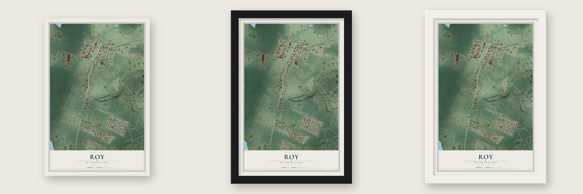 Roy, Washington map unframed, in a black wood frame and in a white wood frame