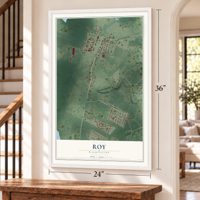 Roy, Washington map, 24 x 36 inch print in a white frame by a staircase