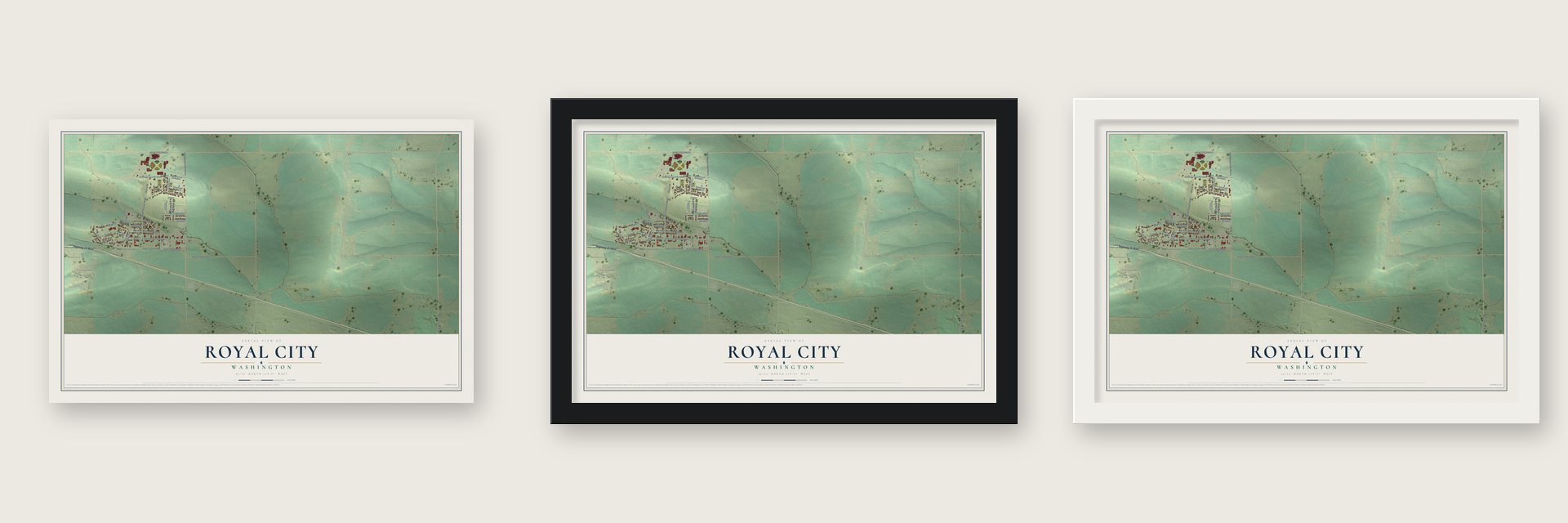 Royal City, Washington map unframed, in a black wood frame and in a white wood frame