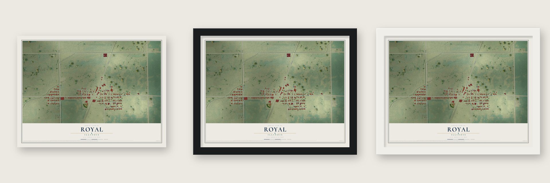 Royal, Illinois map unframed, in a black wood frame and in a white wood frame
