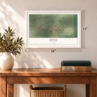 Royal, Illinois map, 12 x 18 inch print in a white frame in an entryway