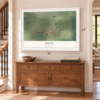 Royal, Illinois map, 24 x 36 inch print in a white frame above a dresser by a staircase