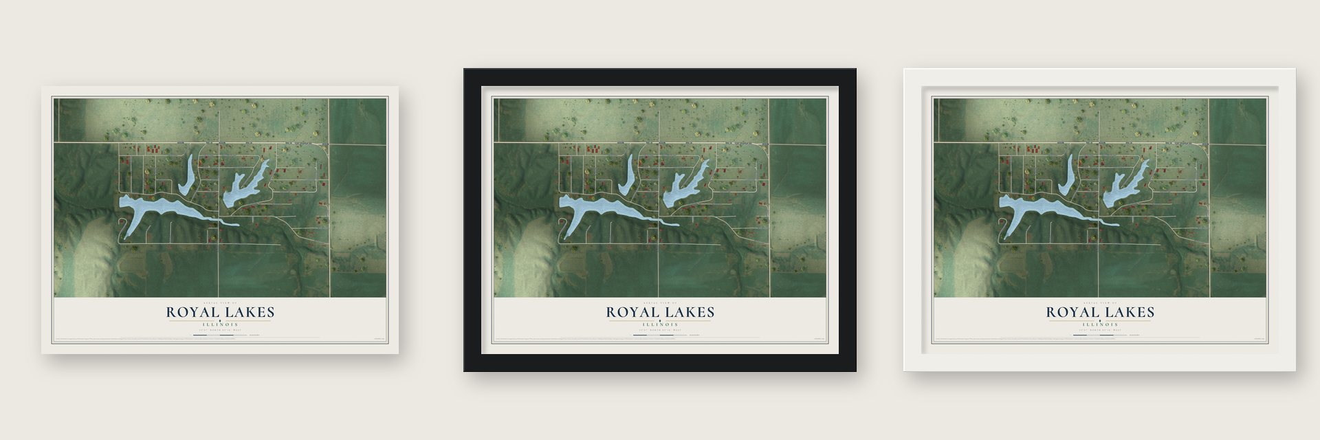 Royal Lakes, Illinois map unframed, in a black wood frame and in a white wood frame