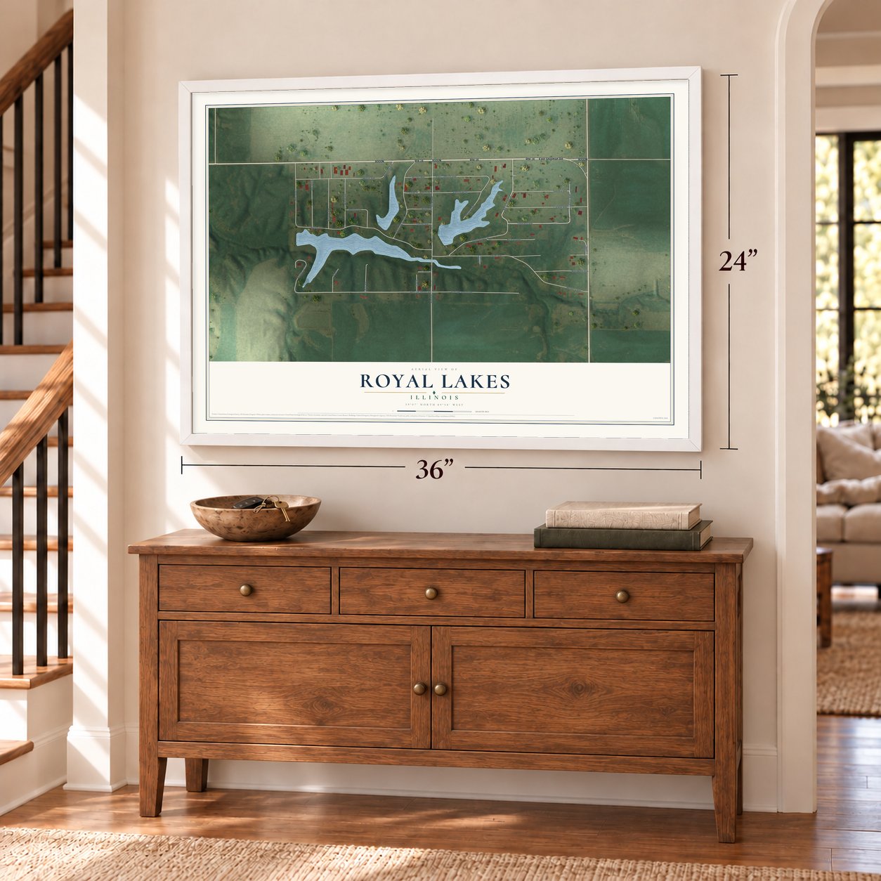 Royal Lakes, Illinois map, 24 x 36 inch print in a white frame above a dresser by a staircase