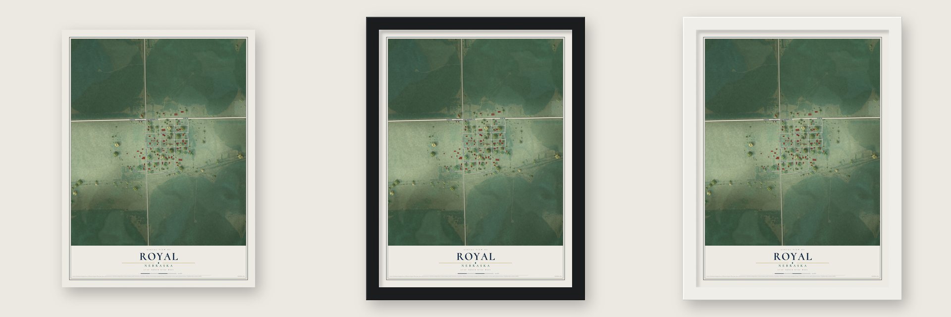 Royal, Nebraska map unframed, in a black wood frame and in a white wood frame