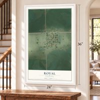 Royal, Nebraska map, 24 x 36 inch print in a white frame by a staircase
