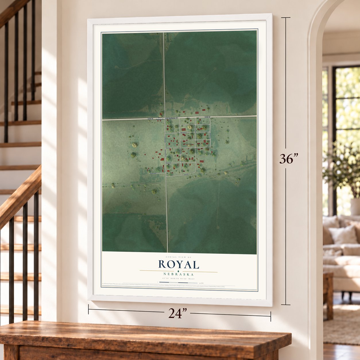 Royal, Nebraska map, 24 x 36 inch print in a white frame by a staircase